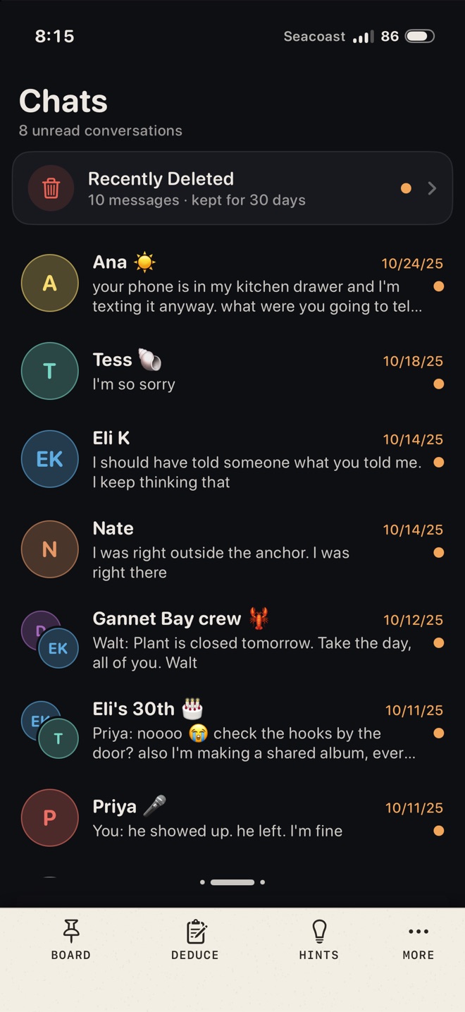 The Chats app on the victim's phone, with a Recently Deleted folder of 10 messages above eight unread conversations.