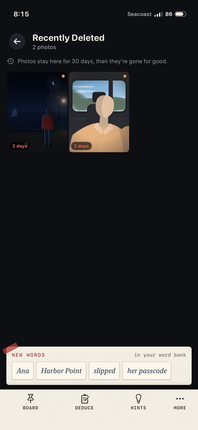 Gallery's Recently Deleted album with two photos: one gone in 3 days, the other in 2.